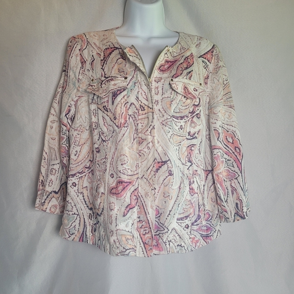 Chico's Paisley White & Pastel Full Zip 100% Linen Shacket Blouse Size 1(Small)